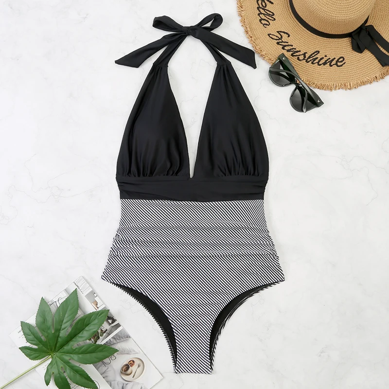 2024 Sexy Solid One Piece Swimsuit Women Deep V-neck Halter Swimwear Women Striped Monokini Female Bodysuit Beach Bathing Suit