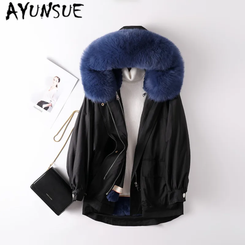 AYUNSUE Real Fur Coat Female Natural Fox Fur Hooded Rabbit Fur Liner Woman Parkas 2020 Winter Clothes Women Coats and Jackets 81