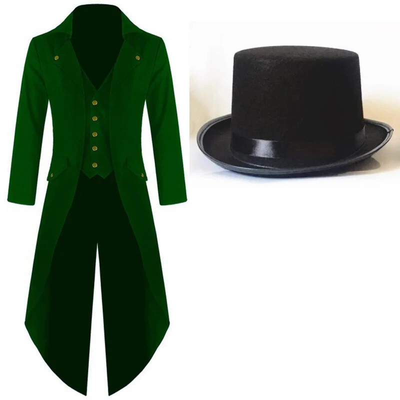 Costume Steampunk Médiéval pour Homme, Tailcoat Vintage, Veste Gothique, Manteau de Magicien Ringmaster avec Chapeau Magique, Grande Taille 5XL