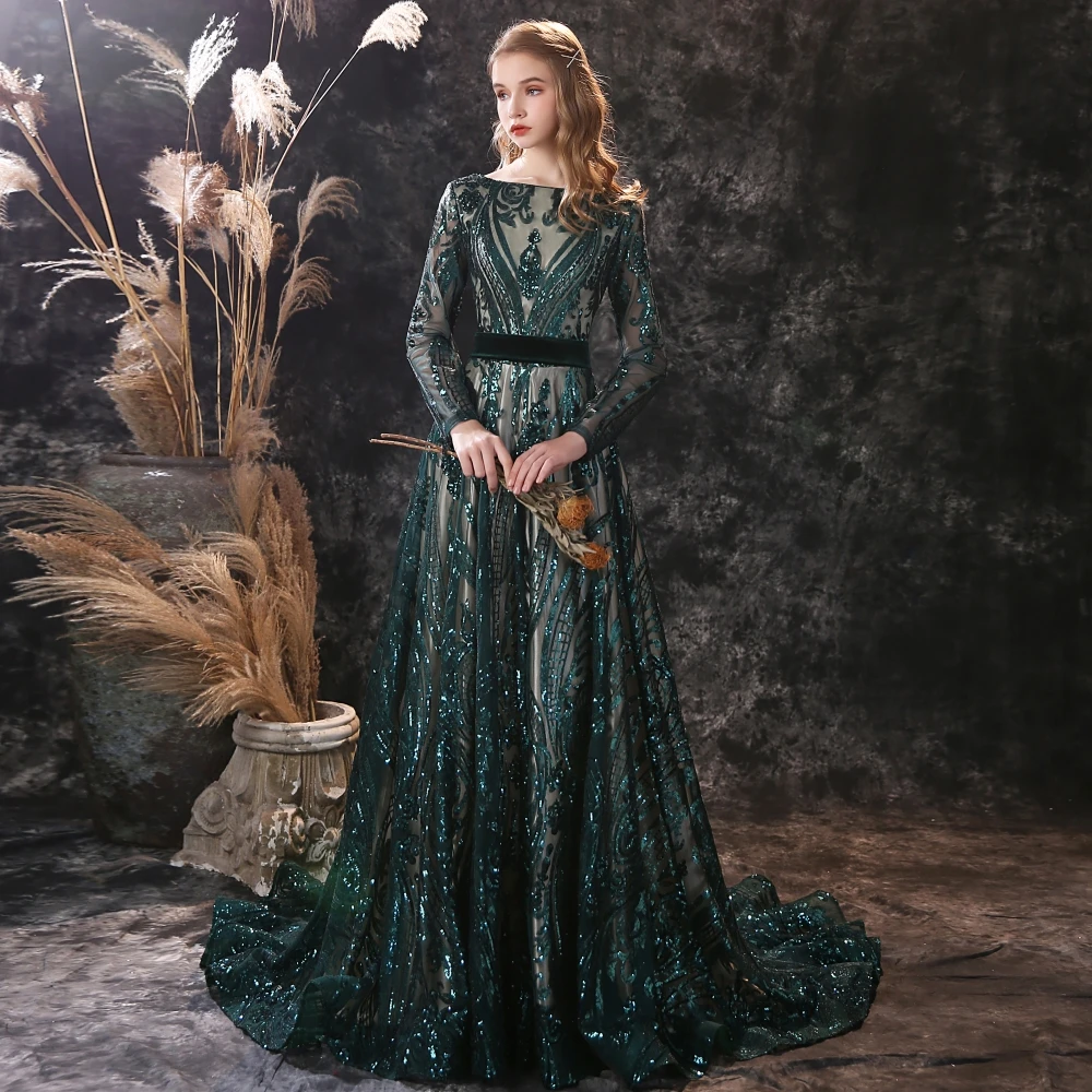 Customized Long Evening Dresses Gorgeous Elegant Mermaid Long Sleeve Sequined Hunter Green Prom Party Formal Occasion Gown