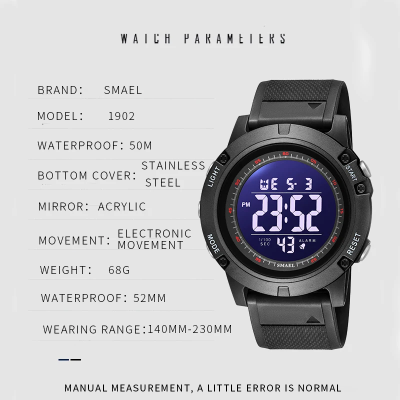 SMAEL Fashion Digtial Sports Watch for Men Waterproof LED Back Light Stopwatch Alarm Clock Auto Date Military Wristwatches 1902