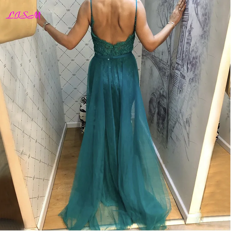 Koronkowe zroszony Mermaid suknie wieczorowe 2020 Sexy V-Neck długi tiul sukienka na studniówkę elegancka Overskirt formalne sukienki na przyjęcie Vestido De Festa