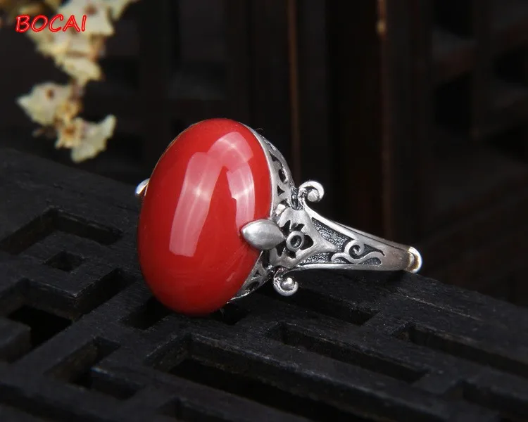 Real S925 sterling silver southern red agate transfer ring female retro simple design opening adjustable