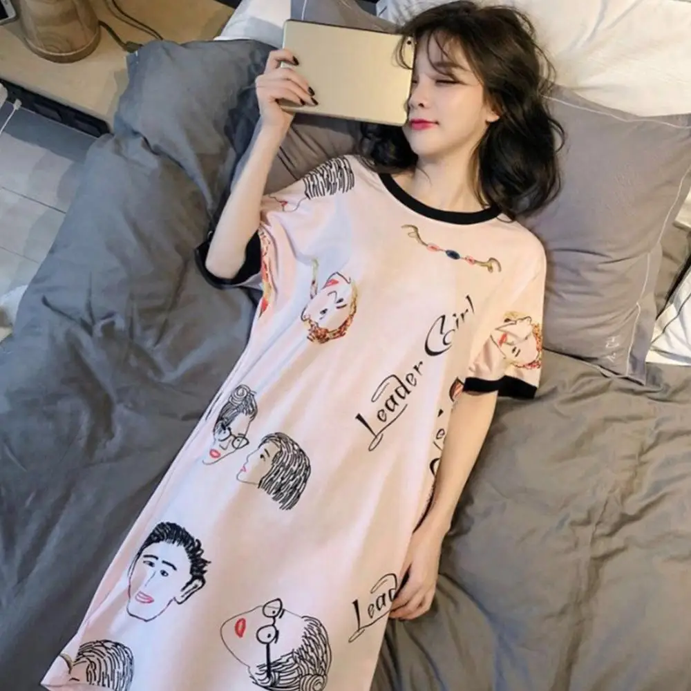 Nachtwäsche Frauen Baumwolle Pyjamas Kleid Sommer O Hals Kurzarm Nette Kamera Katzen Nachthemd Nachthemd Bademantel Kleid пижама