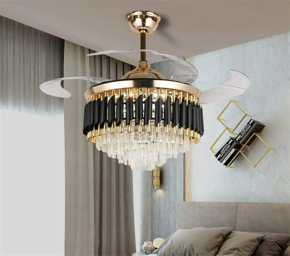 42 Inch Invisible Crystal Ceiling Fans with Lights, Retractable LED Ceiling Fan Chandelier with Remote Control