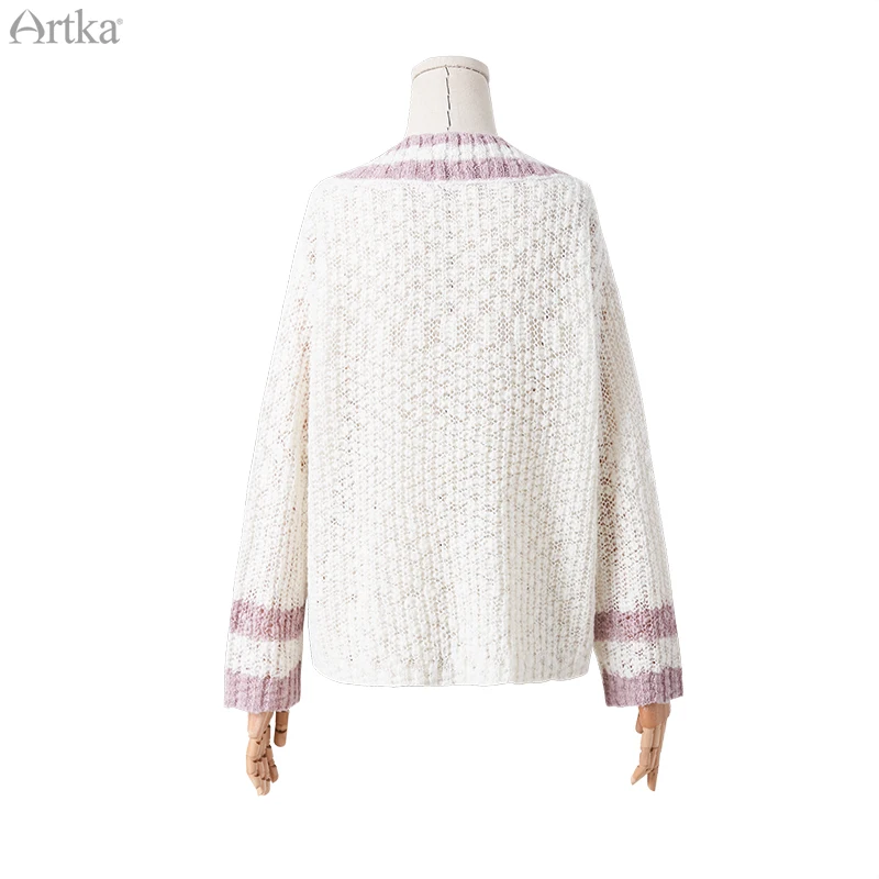 ARTKA 2022 Spring New Women Knitwear Elegant Long Sleeve Loose Thin Sweater V-Neck Pullover Hollow Out Soft Knitwear YB25004C