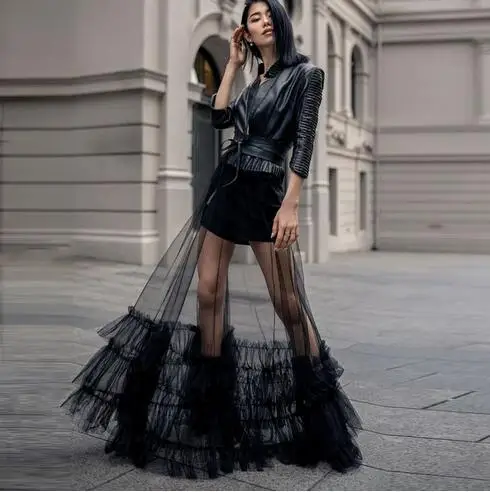 Czarny tiul piętro długość formalne spódnice trapezowe niestandardowe wesele moda Vintage długie spódnice elegancka tiulowa podkoszulek