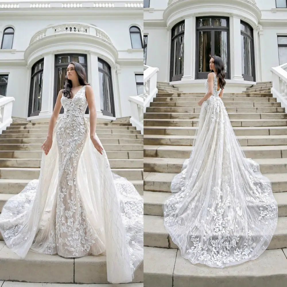 

2020 Lace Mermaid Wedding Dresses With Detachable Train Appliques Trumpet Wedding Dress Bridal Gowns Backless West Country Robes