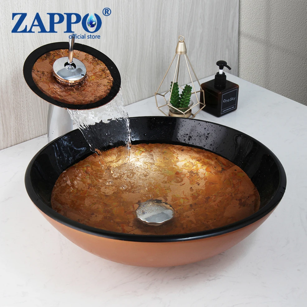 ZAPPO Tempered Glass Sink With Chrome Waterfall Faucet Combo Bathroom Victory Vessel Washbasin Countertop Basin Sinks W/Drian