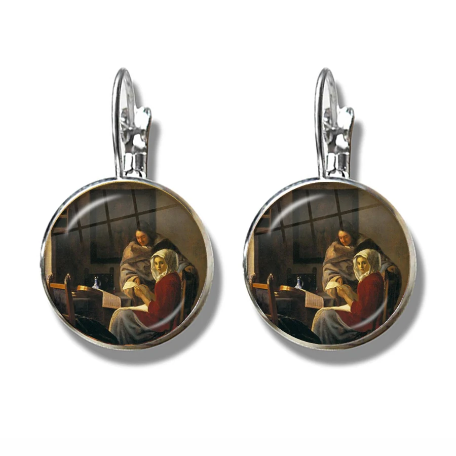 Charm Girl Wearing Pearl Johannes Vermeer Art Oil Painting Stud Earrings 16mm Glass Cabochon Jewellery For Women Girls Gift