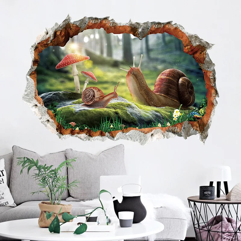3D decoration broken wall snail home decoration sticker bedroom living room background pvc wallpaper forest mushroom snail decal