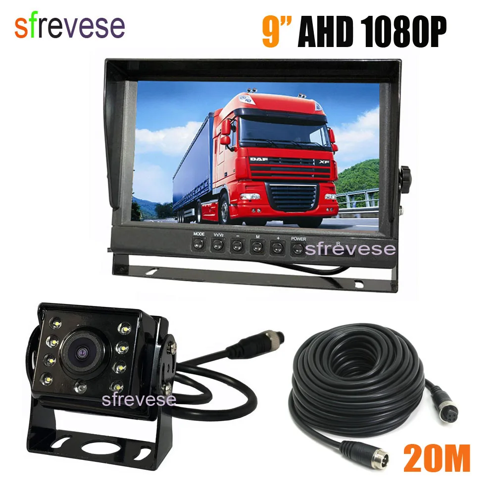 

9" IPS HD 4Pin 2CH Car Rear View Monitor + Waterproof AHD 1080P 175 degree Reversing Backup Camera For Bus Truck Kit 20M Cable