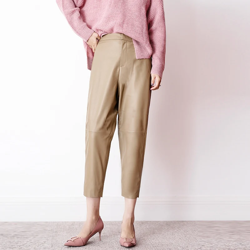 

2025 Winter 100% Natural Leather Trousers Women Genuine Sheepskin Harem Pantalon Femme Black/Brown/Khaki Casual Cargo Pants