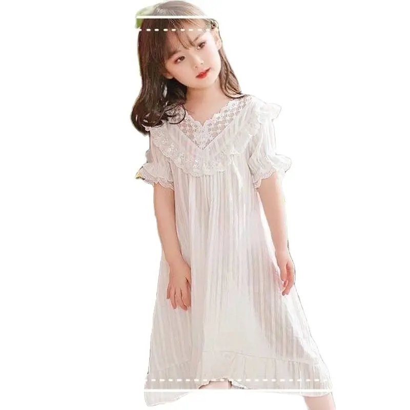 Cotton Girls Nightdress Summer Thin Nightdress Baby Girl Lace Court Style Nightdress Children\'s Short Sleeve Home Clothes