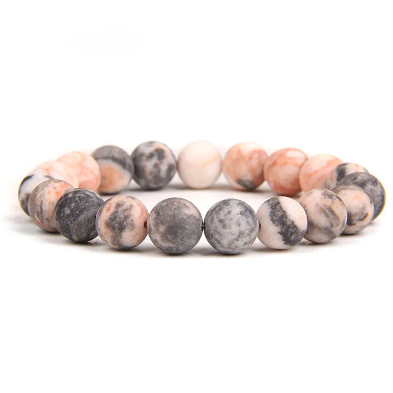 Natural Frosted Pink Zebra Mineral Stone Bracelets Handmade Matte Stone Bead Bracelet Women Men Yoga Meditation Jewelry Gift 1pc