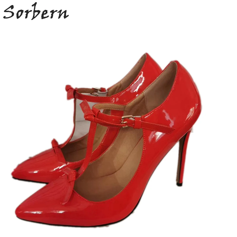 

Sorbern Red Patent Women Pumps T-Strap Ladies Shoes High Heel Stilettos Pointed Toe Bowknot Ol Shoe 2020 Prom Heels