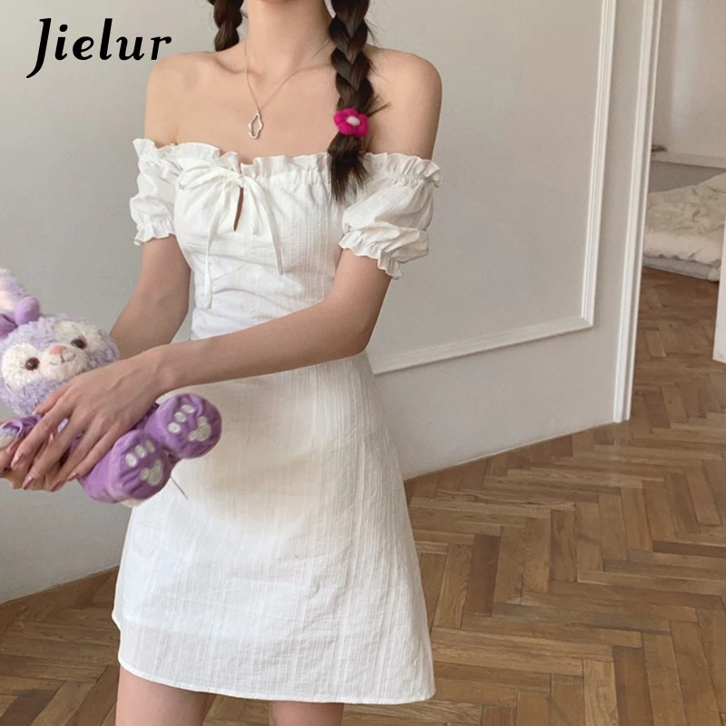 Jielur Puff Sleeve Slash Neck Mini Dress Female A-line White Casual Dresses Women Solid Colour Dresses for Women Summer S-L