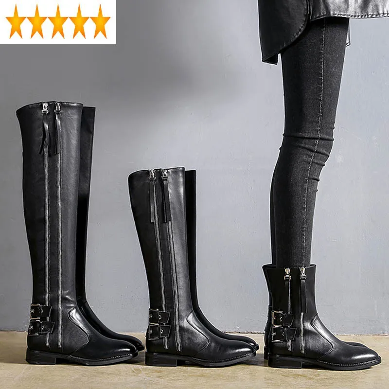 Knee Winter Fashion Women High Military Knight Zipper Low Heels Genuine Leather Riding Boots Handsome Punk Shoes