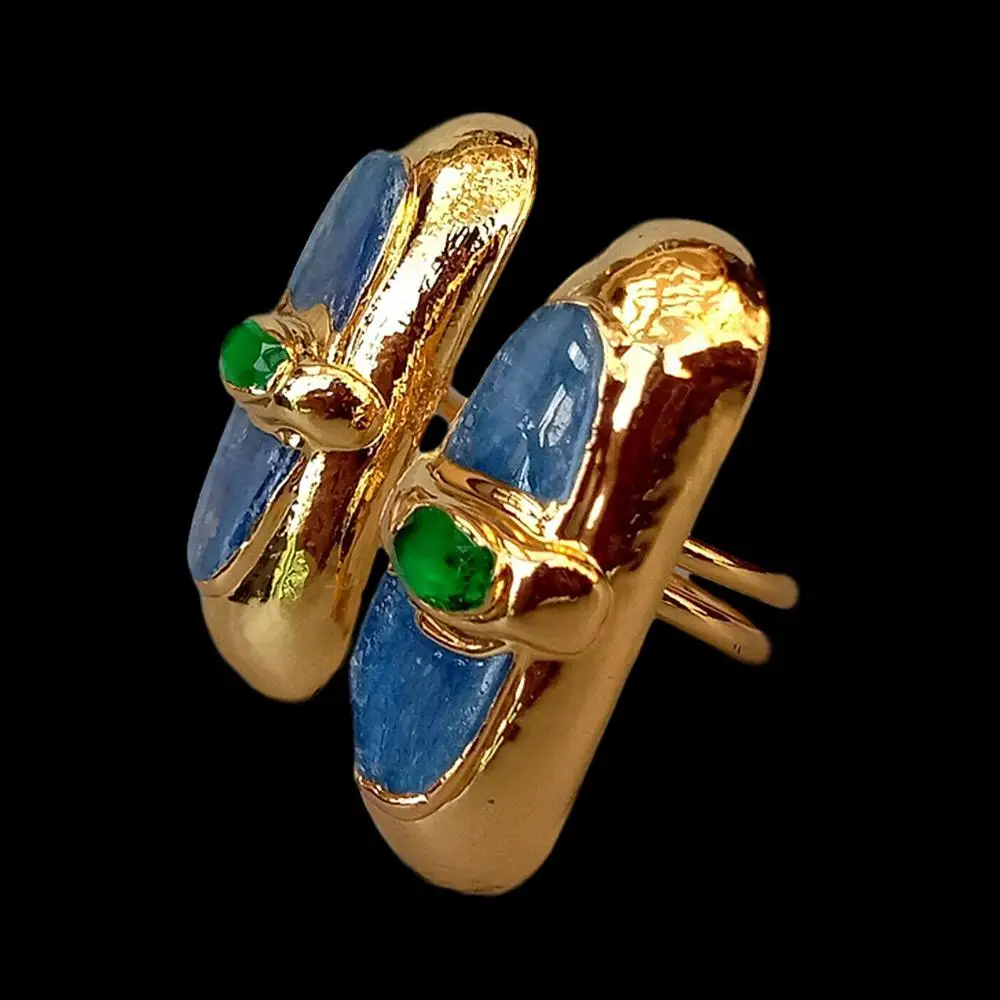 

Natural Blue Kyanite Green Crystal Gold Plated Ring Adjustable