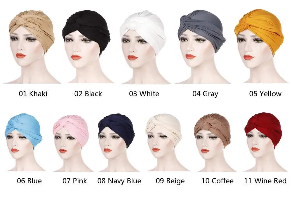 New Women Stretch Turban Muslim Hijab Scarf Head Wrap Hair Loss Chemo Cap Bonnet Hat Pleated Knot Islamic Headscarf Arab Fashion