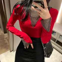 Autumn Winter Sequin T Shirt Women Long Sleeve Hot drilling Patchwork Slim Sexy Woman Mesh Black Tee shirt Women Tops 2022 DD01