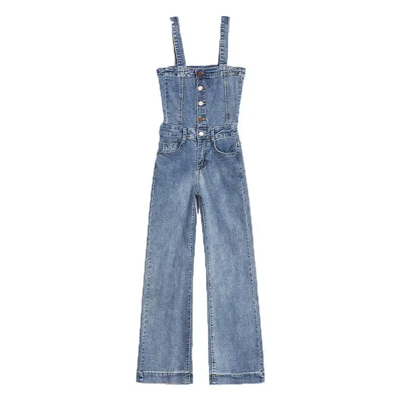 สูงเอว Slim Denim Jumpsuit ผู้หญิง2020ฤดูใบไม้ผลิใหม่เกาหลีหลวม Slim ตรง Overalls Overalls ผู้หญิงหลวมหลวม