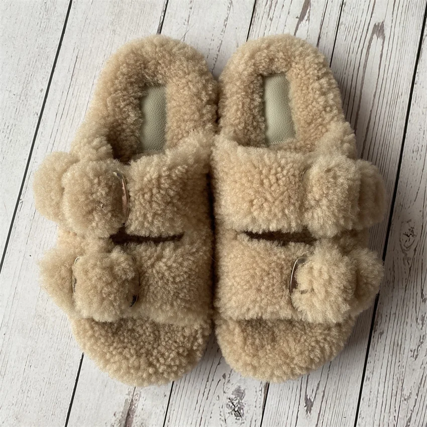 New Women\'s Real Wool Slipper Feminino Winter 2024 Brand Sheepskin Fur Short Plush Warm Flats Slippers Plaform Shoes Flip Flops