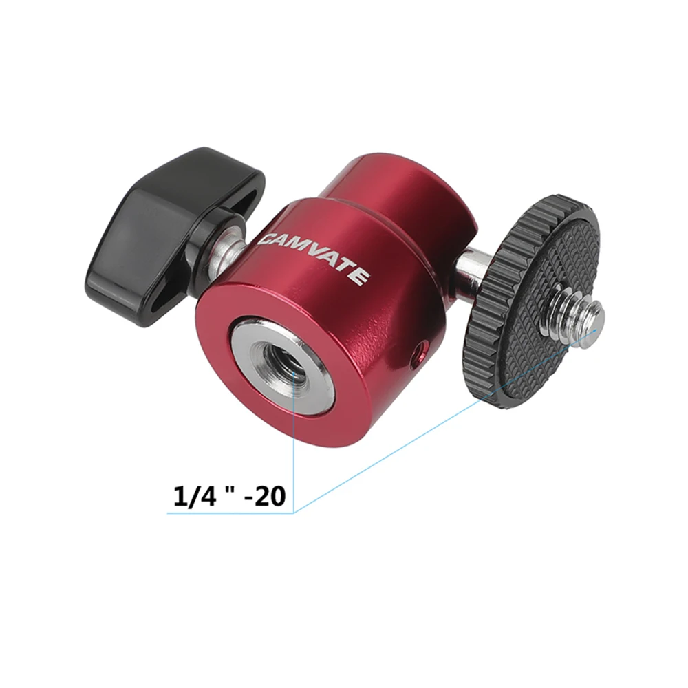 Camvate mini bola cabeça adaptador suporte vermelho com 1/4 "-20 rosca parafuso para câmera dslr monitor de vídeo flash led tripé de luz