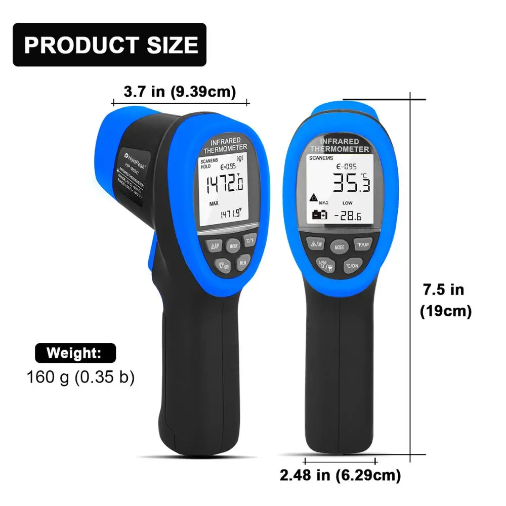 HoldPeak HP-985C IR Infrared Thermometer Handhold LCD Display -50-800C/-58-1472'F Temperature Meter Gun IR Thermometer