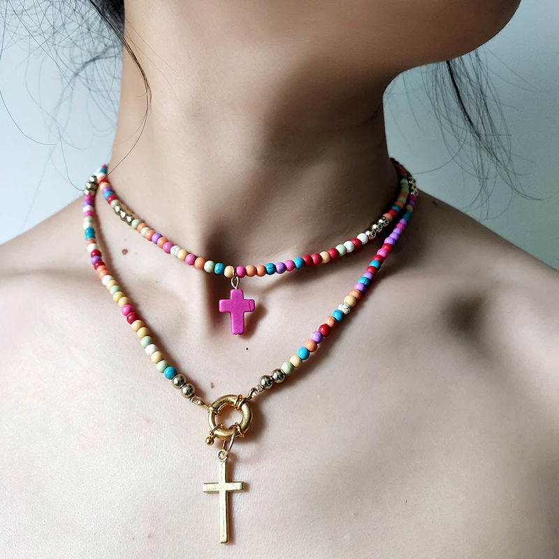 MOON GIRL 85cm Long Cross Pendant Necklace for Women Fashion Colour Beads Boho Double Layer Statement Femme Choker Dropshipping