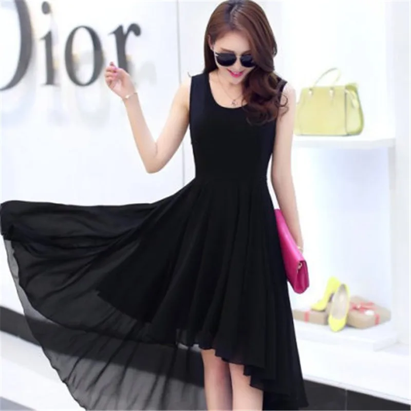 2023 Irregular Solid Sleeveless Tank Beach Summer Dress Vestidos Womens Clothing Asymmetric High Low Chiffon Dress xh151