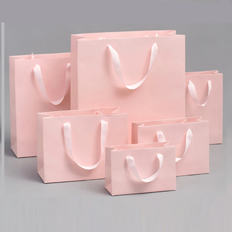 Light Pink Paper Bags With Ribbon Handles Candy Gift Accessories Packing Bags