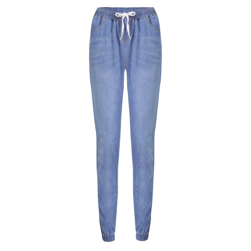 Casual feminino plus size drawstring elástico na cintura jeans solto denim calças compridas drawstring elástico na cintura jeans calças de brim 2022