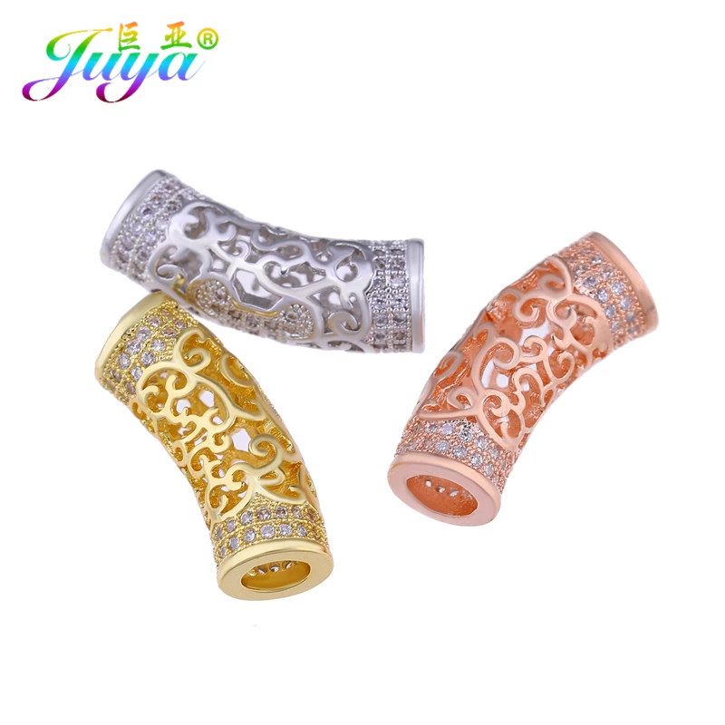 Juya DIY Gold/Rose Gold Micro Pave Zircon Metal Curved Tube Beads For Handmade Natural Stones Pearls Jewelry Making