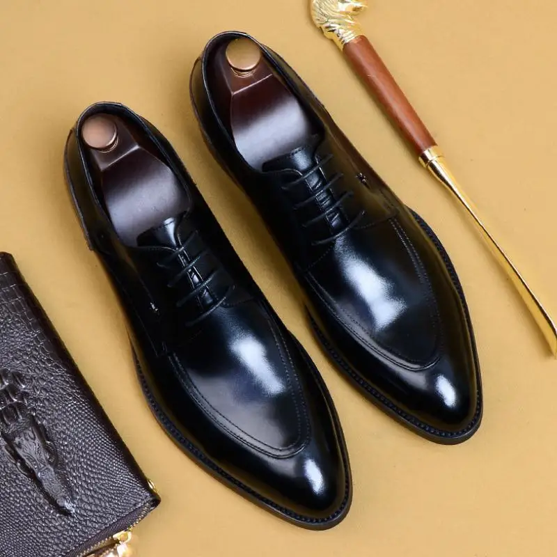 

Pointed Toe Laces Business Dress Genuine Leather Shoes Men Derby Wedding Shoes England Trendy Daily Office Work Shoes Big Yards