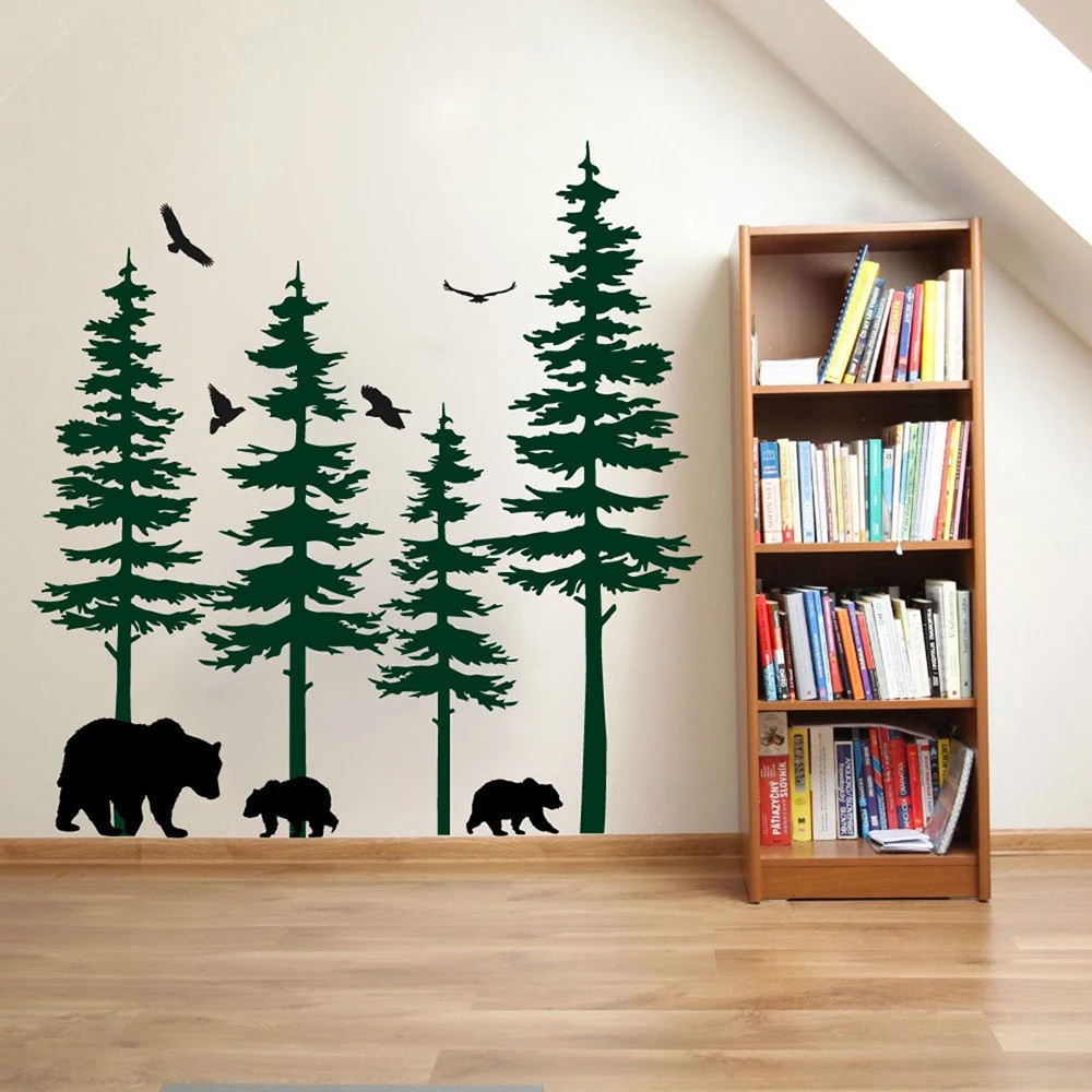 Large Spruce Pine Trees Bear Wall Decal Living Room Playroom Cartoon Woodland Forest Animal Bird Wall Sticker Bedroom