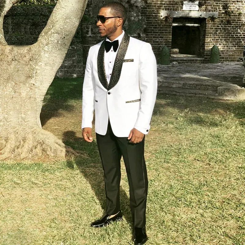 

White Men's Suit Printing Shawl Lapel Blazers Slim Fit Male Tuxedos One Button Groom Wear Two Pieces Prom Jacket And Pants