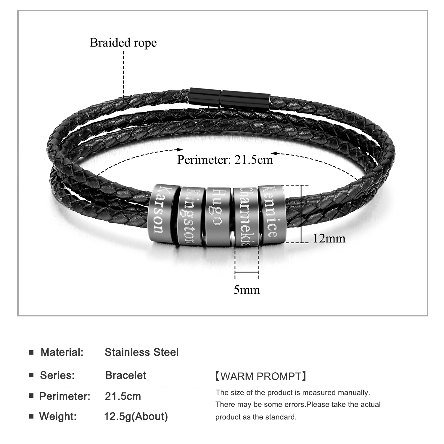 Custom Men's Leather Bracelet with Name Charms