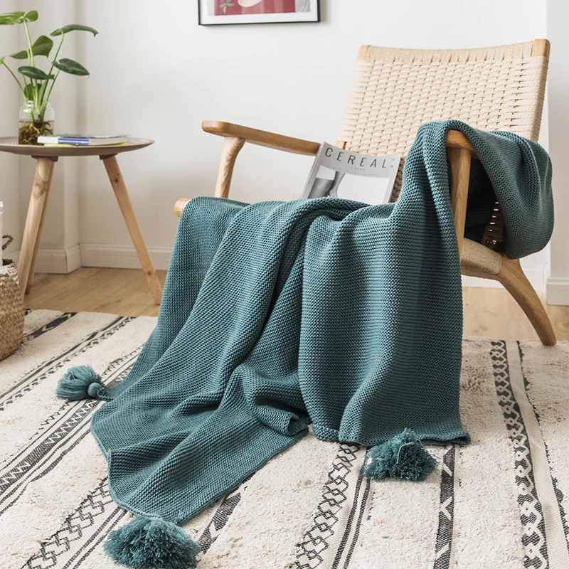 Soft Pompom Tassels Blanket Stylish and Simple Pure Color Knit Blanket for Home Spring Autumn and Winter