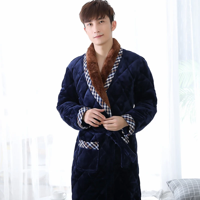 Winter Men Three Layers Quilted Bathrobe Thick Flannel Robe Sleepwear Big Yards XXXL Kimono Stitching Bathrobes Male Warm Lounge