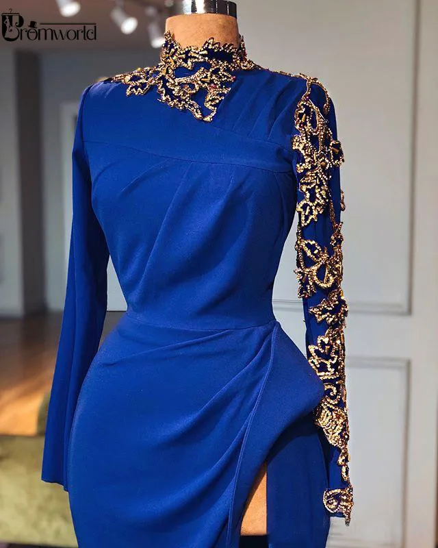 Real Photo Royal Blue Mermaid Prom Dresses Lange Mouwen Hoge Hals Avondjurk 2020 Hoge Split Gold Lace Kralen Formele party Gown