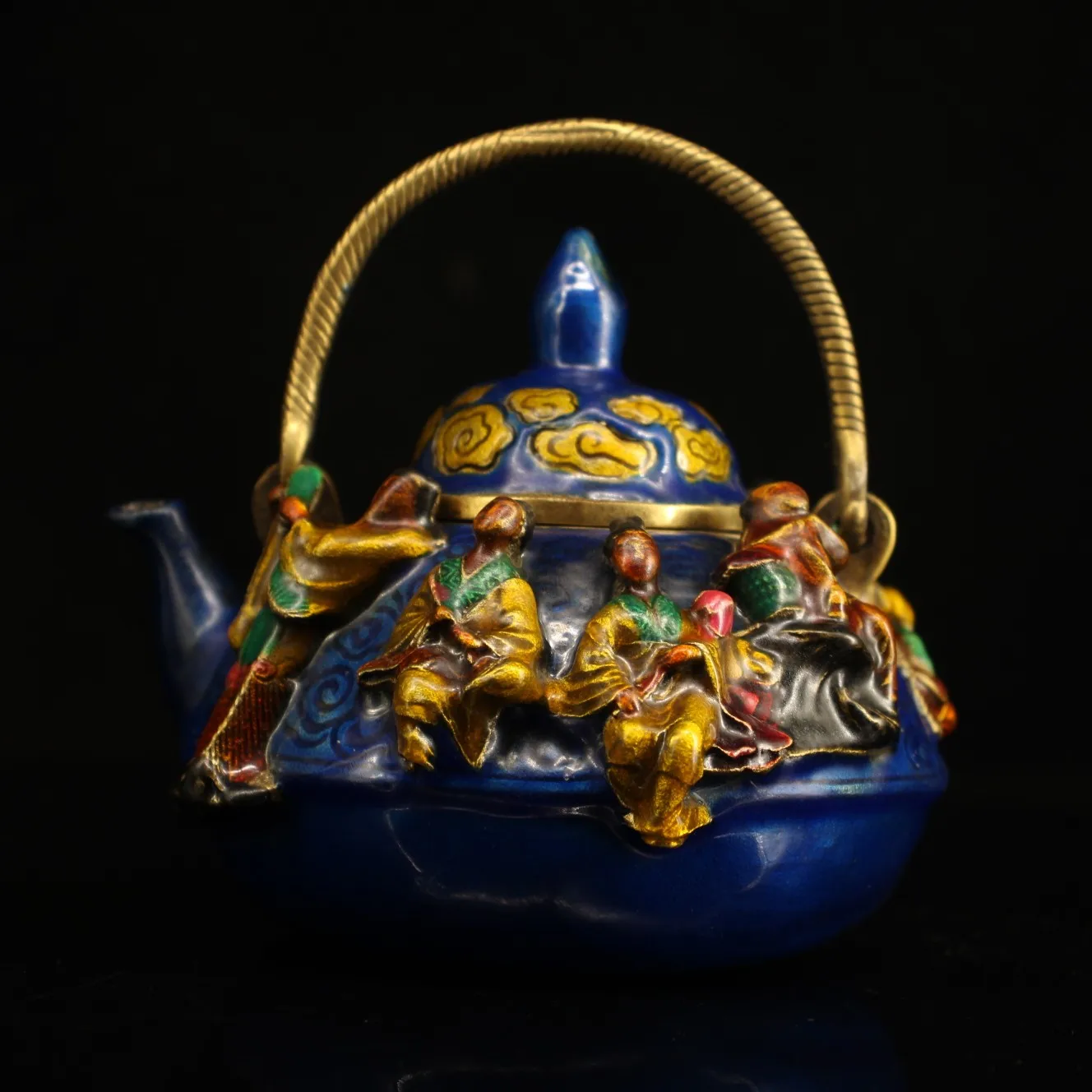 

6"Tibetan Temple Collection Old Bronze Cloisonne Eight Immortals Statue Teapot Kettle flagon Office Ornaments Town House