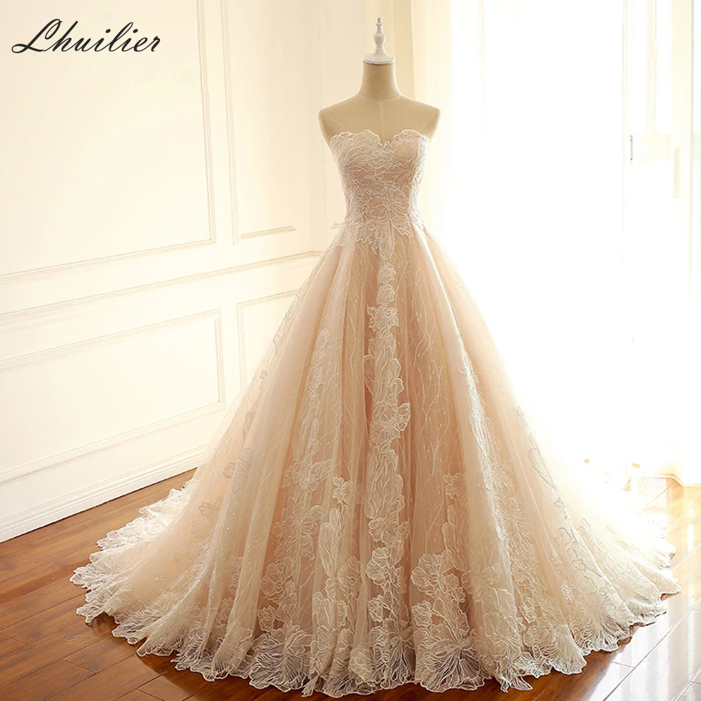 

Lhuilier Customized Women's A Line Strapless Lace Wedding Dresses Sleeveless Floor Length Bridal Dress with Court Train