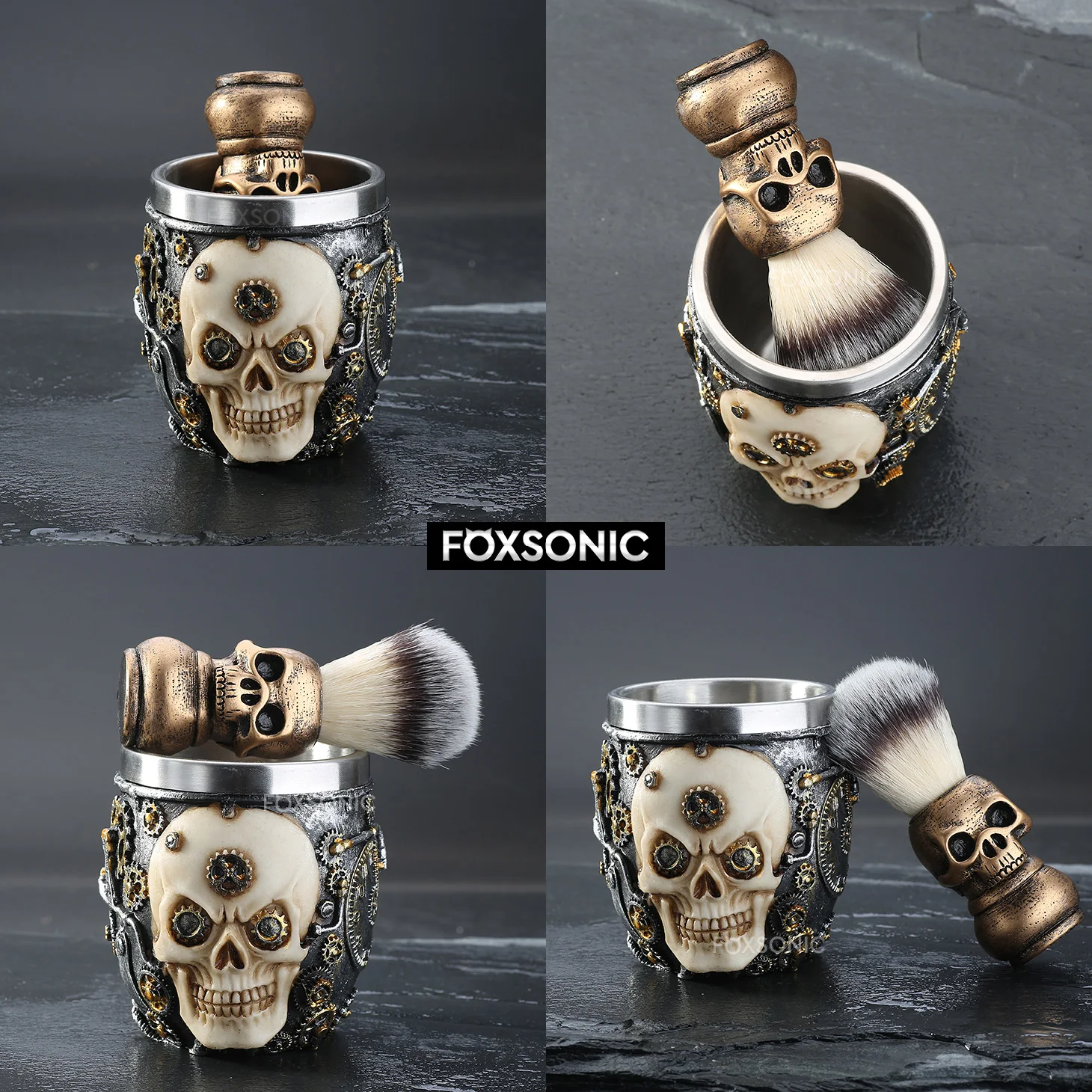 FOXSONIC-Juego de brochas de afeitar con cabeza de calavera para hombre, Kit de brochas de afeitar para peluquería, Set de afeitado de barba