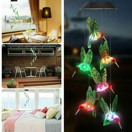 Color-Changing Outdoor LED Solar Lamp Birds Wind Home Garden Decor Solar Light Solar Powered Wind Chime Light
