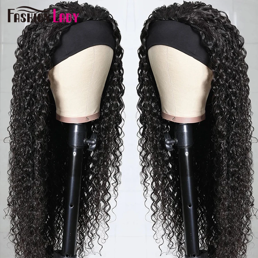 Brazilian Curly Human Hair Headband Wig Glueless Scarf Remy Human Hair Wigs for Women Full Machine Wigs Beginner Friendly 1b#