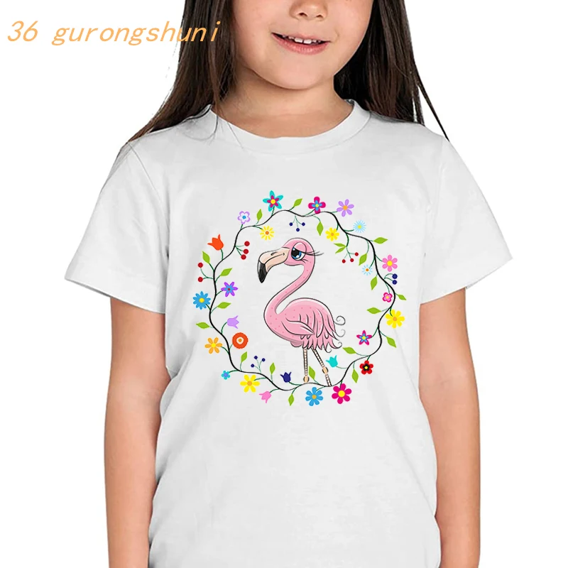 T-shirt dessin animé flamant rose pour enfants, vêtements pour garçons et filles, kawaii, princesse douce