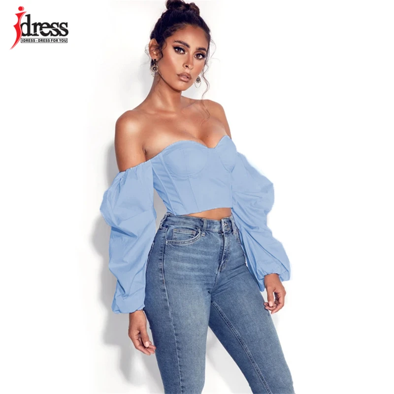 IDress Hot White Blue Sexy Crop Top Solid Corset Boned Camis Party Top Tees Long Sleeve Short Chemise Blusas Puff Sleeve Shirt