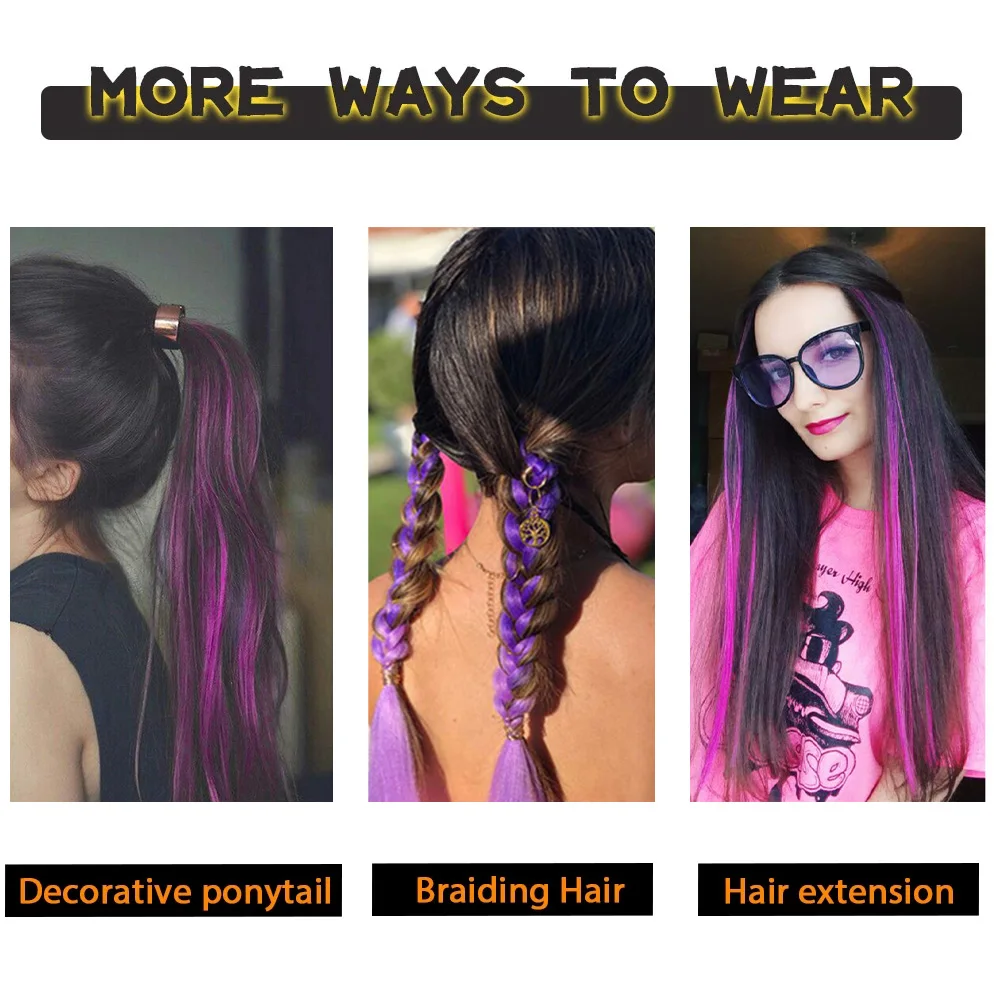 MyDiva 20“ Long Straight Women High Temperature Synthetic Clip In Hair Extension Hairpiece Purple Pink Red Colorful Extension