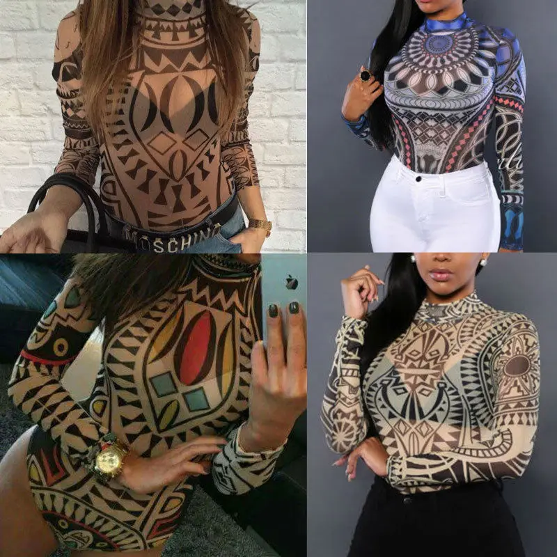 2020 New Sexy Women Tattoo Tribal Print Stretchy Bodysuit See-Through Mesh Sheer Long Sleeve Top Lady Clubwear O Neck Bodycon